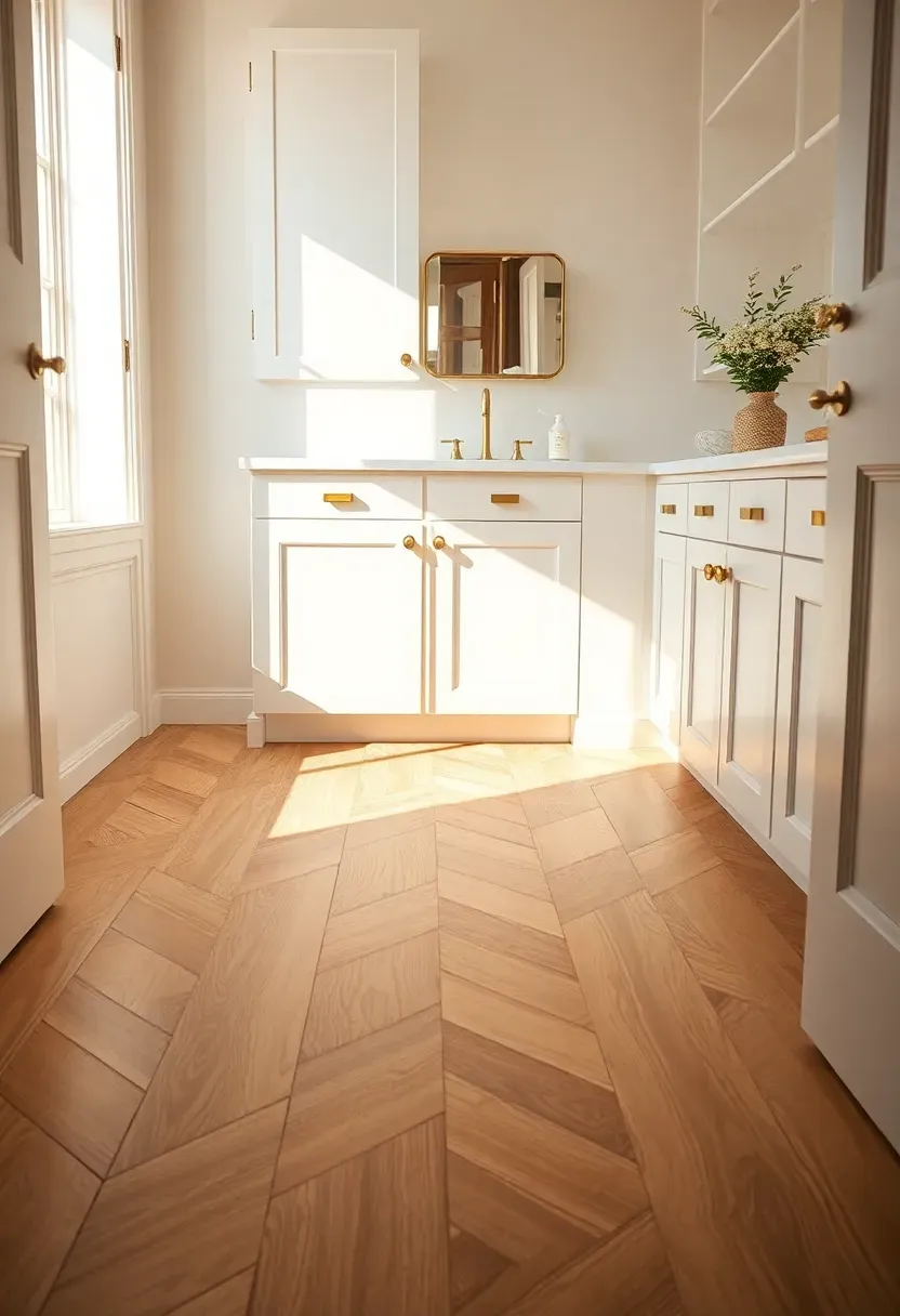 Herringbone pattern wood-look porcelain tile bathroom floor in warm oak tones with white vanity above