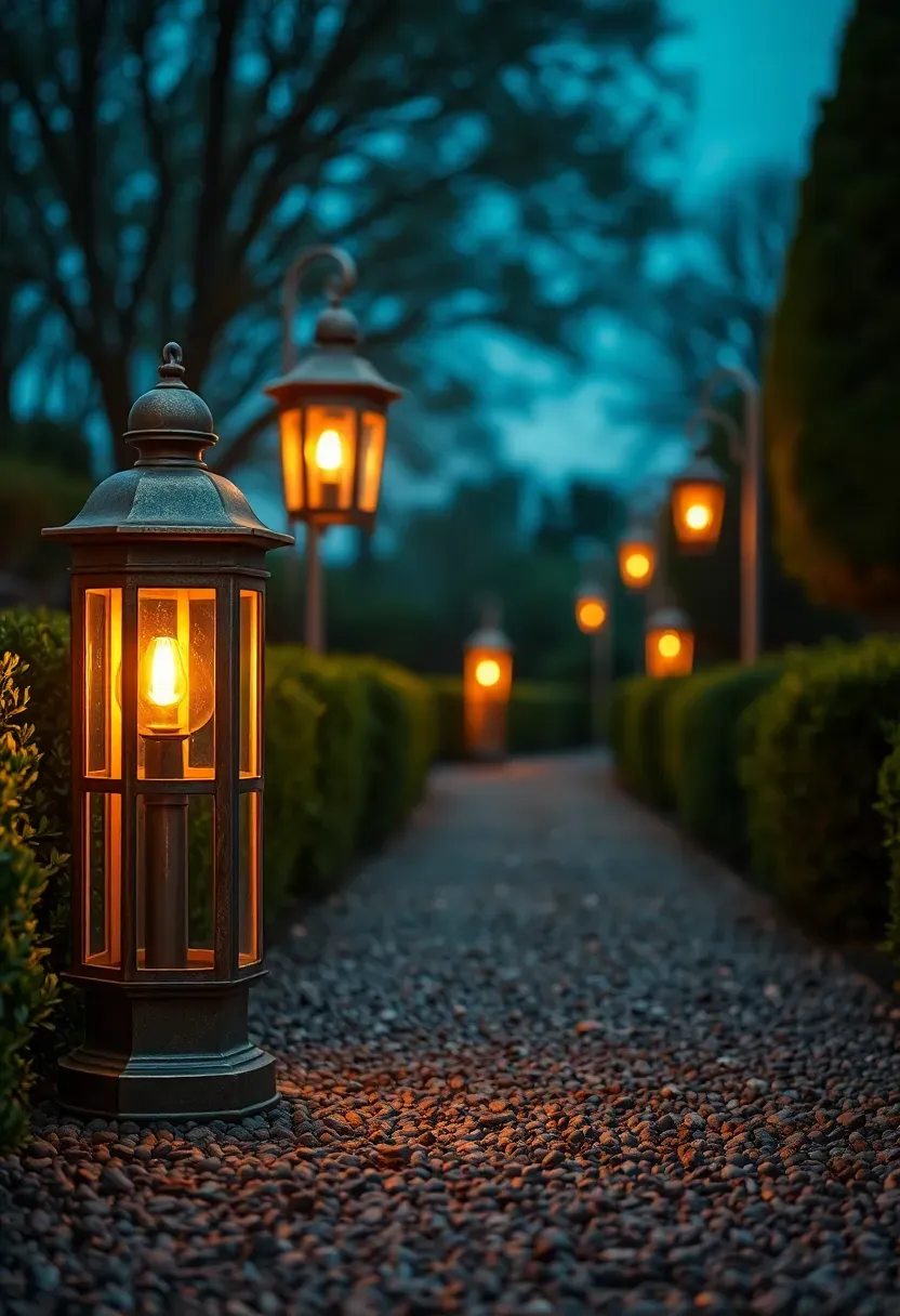Evening garden path lined with warm-glowing metal lanterns on both sides, gravel underfoot, and low hedges framing the walkway