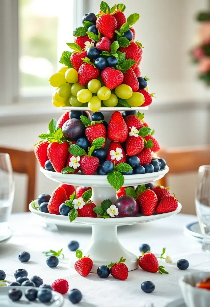 elegant fruit tower centerpiece with stacked grapes berries and figs on a pedestal stand at a baby shower brunch table