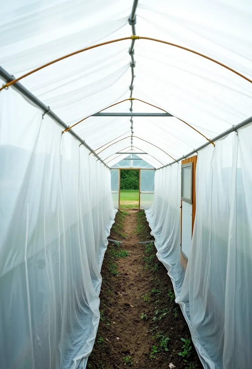 A long walk-in polytunnel greenhouse with white plastic covering stretching across a backyard with rows of vegetables inside