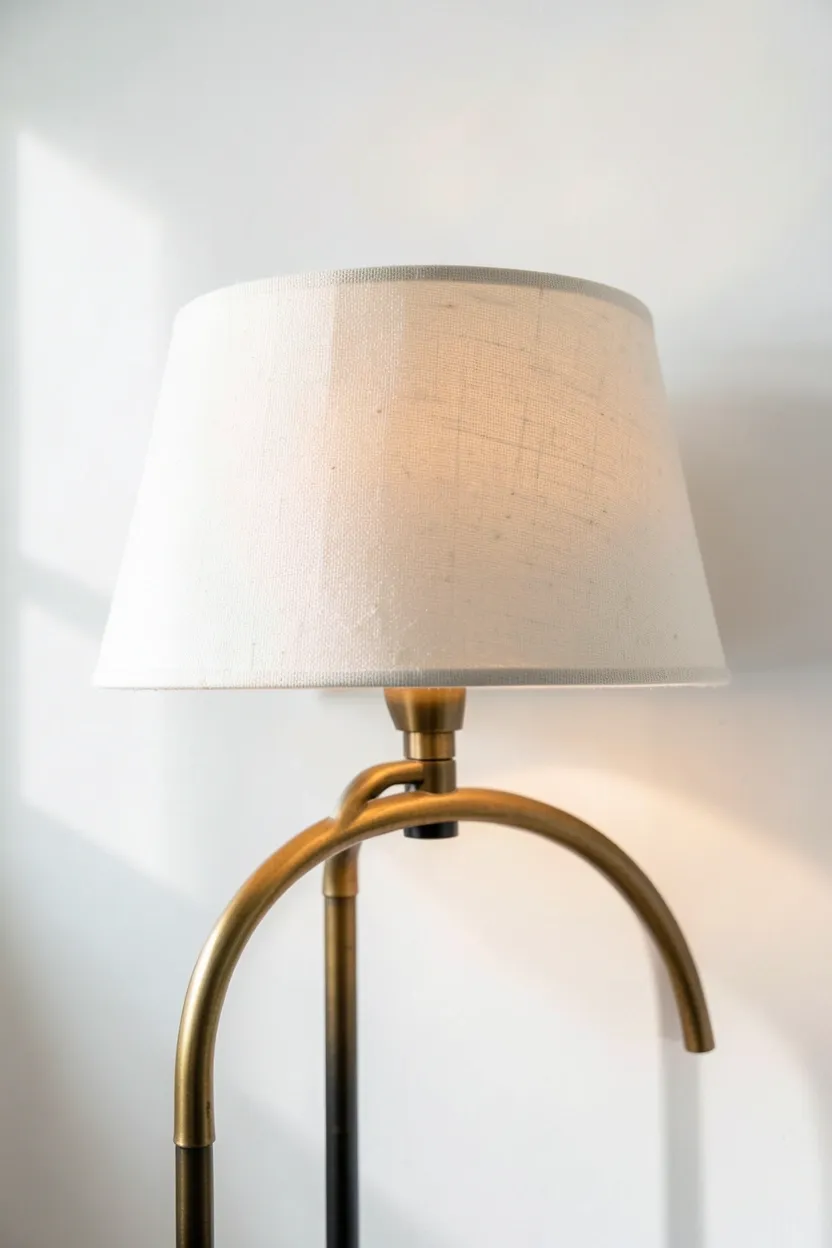 Mid-century arc floor lamp with brass accents casting warm light in a cozy vintage Scandinavian living room corner