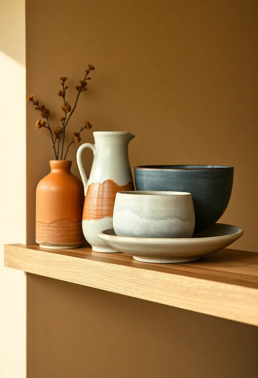 Hyper-realistic detail shot of handmade ceramic vessels in earth tones—terracotta vase, cream pitcher, charcoal bowl, sage platter—grouped on oak floating shelf. Wide shot context: modern living room with warm walls, the ceramic cluster as focal point. Materials: handmade ceramics with visible glaze variation and wheel marks, oak wood shelf. Soft natural light showing ceramic surface textures and variations, artisanal organic mood. Close-up emphasizing handcrafted qualities. Sharp details on glaze pooling and surface irregularities. No text, no logos, no watermarks.</p>