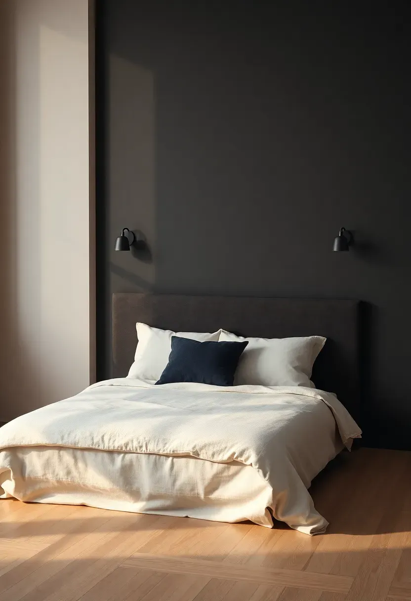 bedroom with charcoal suede textured paint accent wall behind a low platform bed with cream linen bedding and black metal sconces