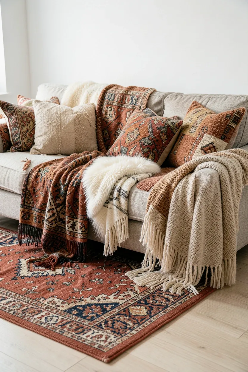 Layered textiles in a boho rental living room: overlapping Persian and Turkish rugs in rust and terracotta, wool throw draped over sofa, and mix of cushions in wool, cotton, and jute creating warm cozy depth