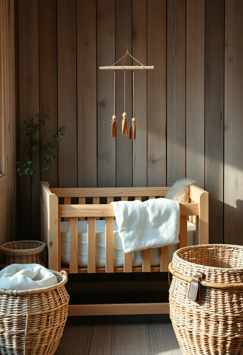 Rustic wood nursery corner in bedroom with natural grain bassinet, DIY branch mobile with leather cord, and seagrass woven storage baskets