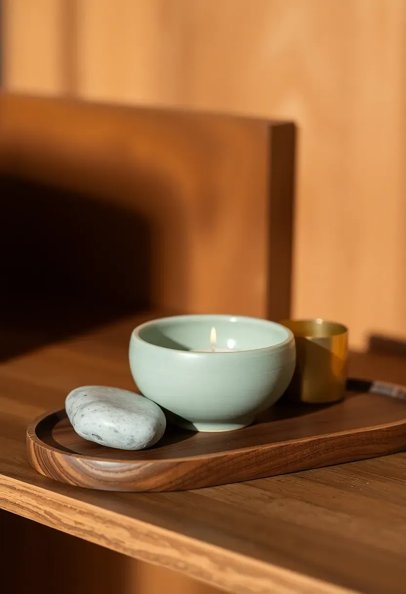 Close-up of a shelf section styled with a small sage green ceramic bowl, a smooth river stone, and a tealight holder arranged on a slim wooden tray — intentional grouping, warm side light