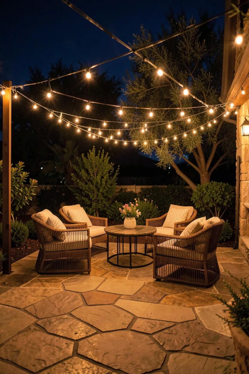 Stone Patio with String Lights