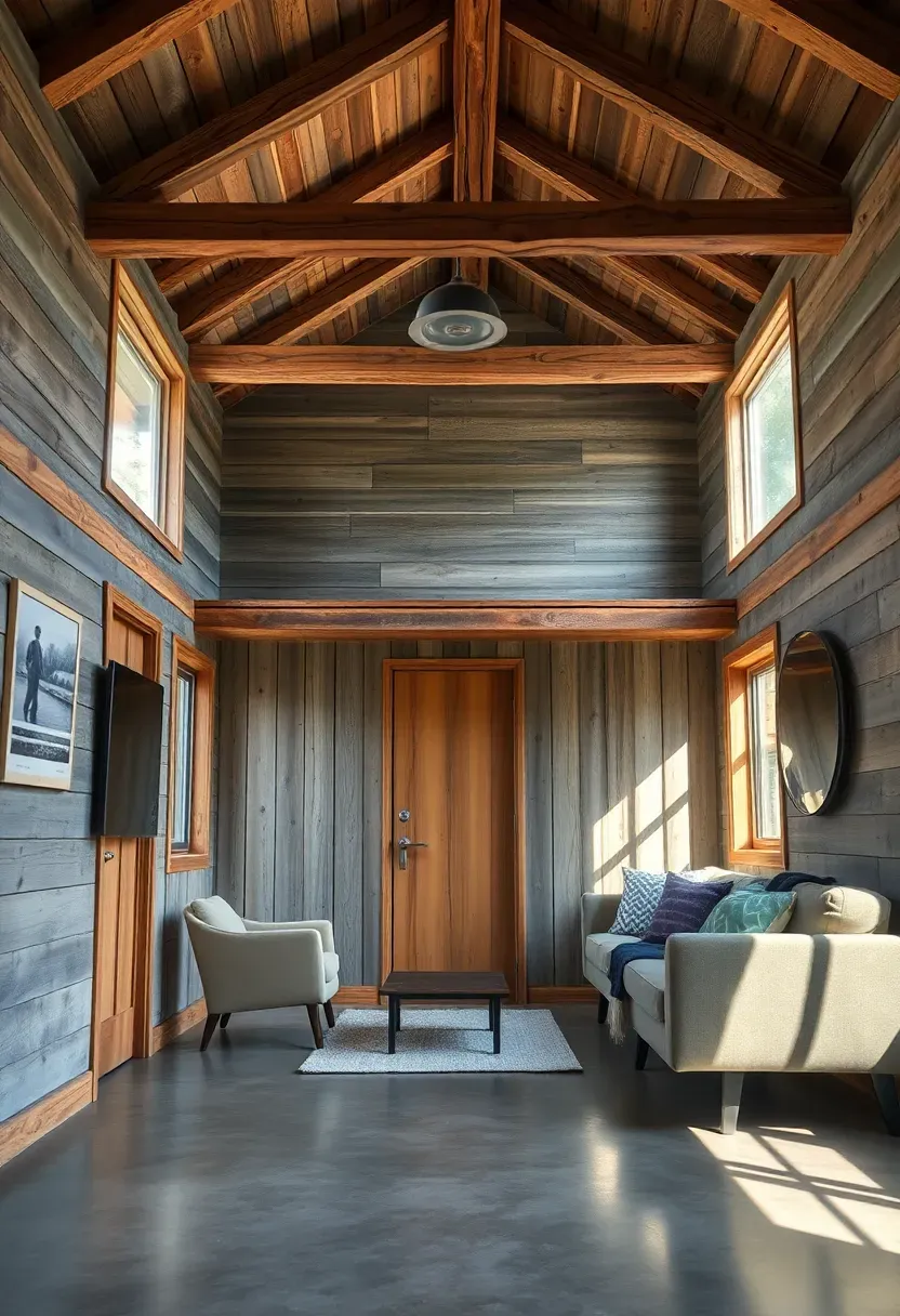 Hyper-realistic 3/4 view of a tiny house interior featuring reclaimed barn wood siding, rustic ceiling beams, and modern furniture. Materials: weathered gray barn wood, rough-sawn beams, polished concrete floor, contemporary sofa. Warm directional lighting highlighting texture and grain patterns. Sustainable design, historic materials repurposed. Shallow depth of field, mixture of rustic and modern elements. No text, no logos.</p>