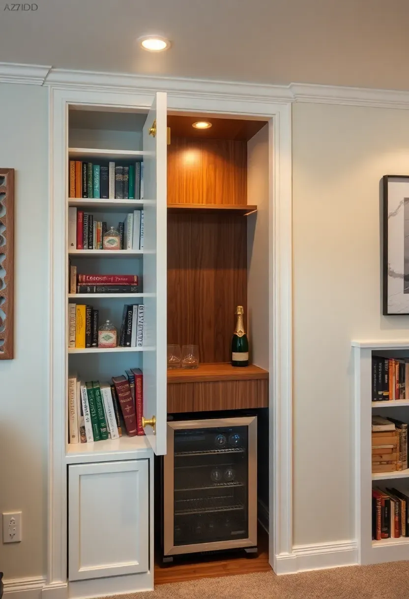 built-in bookcase bar hidden behind shelving unit in a basement with books and bottles integrated together