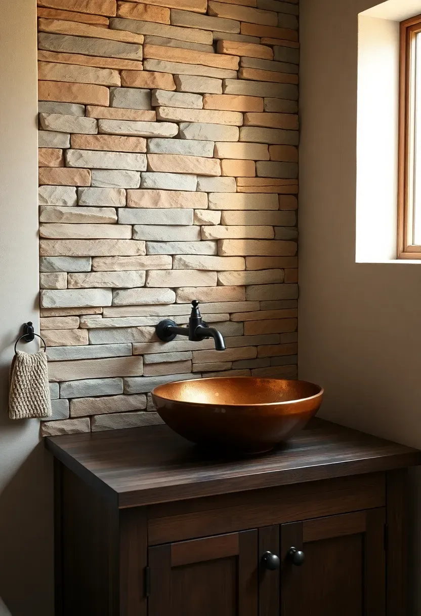 Natural stacked stone ledger panel backsplash in warm gray and tan tones behind a rustic bathroom vanity with copper vessel sink