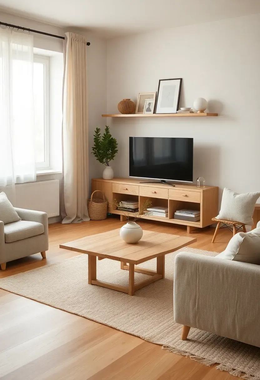 Hyper-realistic 3/4 view of a minimalist living room with white oak as the primary material across floor, table, and shelf. Materials: white oak, linen upholstery, matte ceramic, wool rug. Warm diffused window light, creamy neutrals with soft honey tones. Mood: natural, cohesive, warm. Shallow depth of field, sharp details on products, balanced composition, soft shadows, visible room context. No text, no logos, no watermarks.</p>
