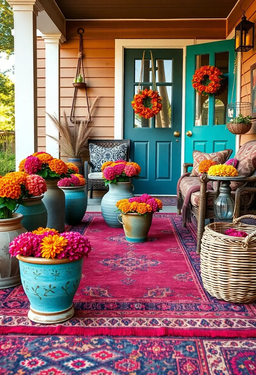 Hyper-realistic wide shot of a bohemian front porch with eclectic fall decor. A vintage Persian rug in burgundy and turquoise covers the porch floor. Mismatched planters in various shapes—ceramic blue, rusted metal, woven basket—contain mums in orange, magenta, and yellow. Throws with paisley patterns drape over furniture. Macramé plant holders hold dried arrangements. Colorful glass accents catch the light. Porch has natural wood siding and a painted front door in teal. Soft warm afternoon light. No text, no logos, no watermarks.</p>