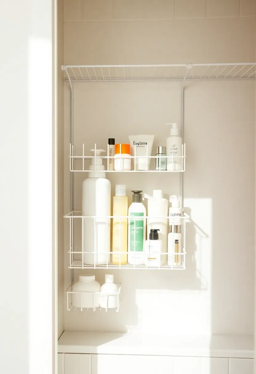 Inside of a bathroom linen closet door fitted with white wire spice racks holding lotion bottles, sunscreen, and small toiletry containers