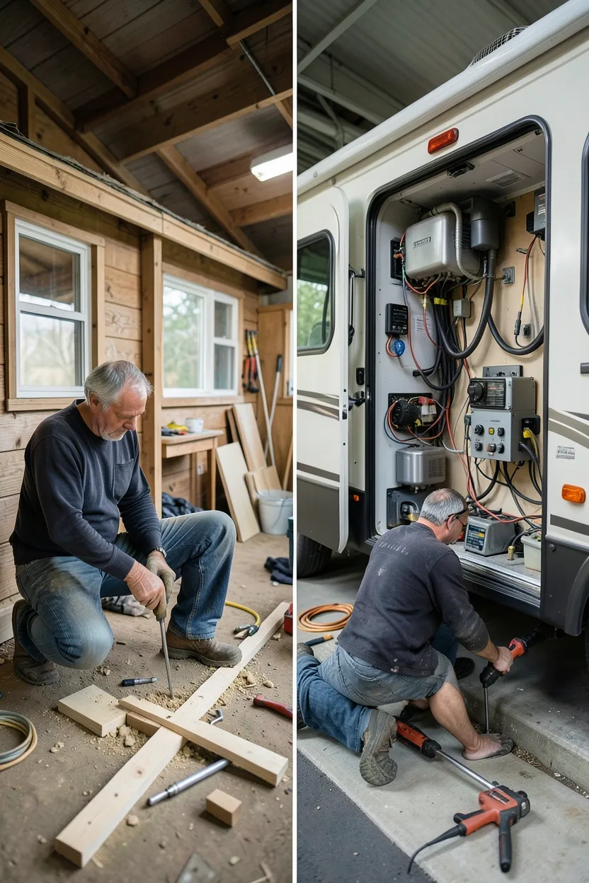 Person doing DIY maintenance on a tiny house exterior with standard tools, showing approachable residential-style repair work