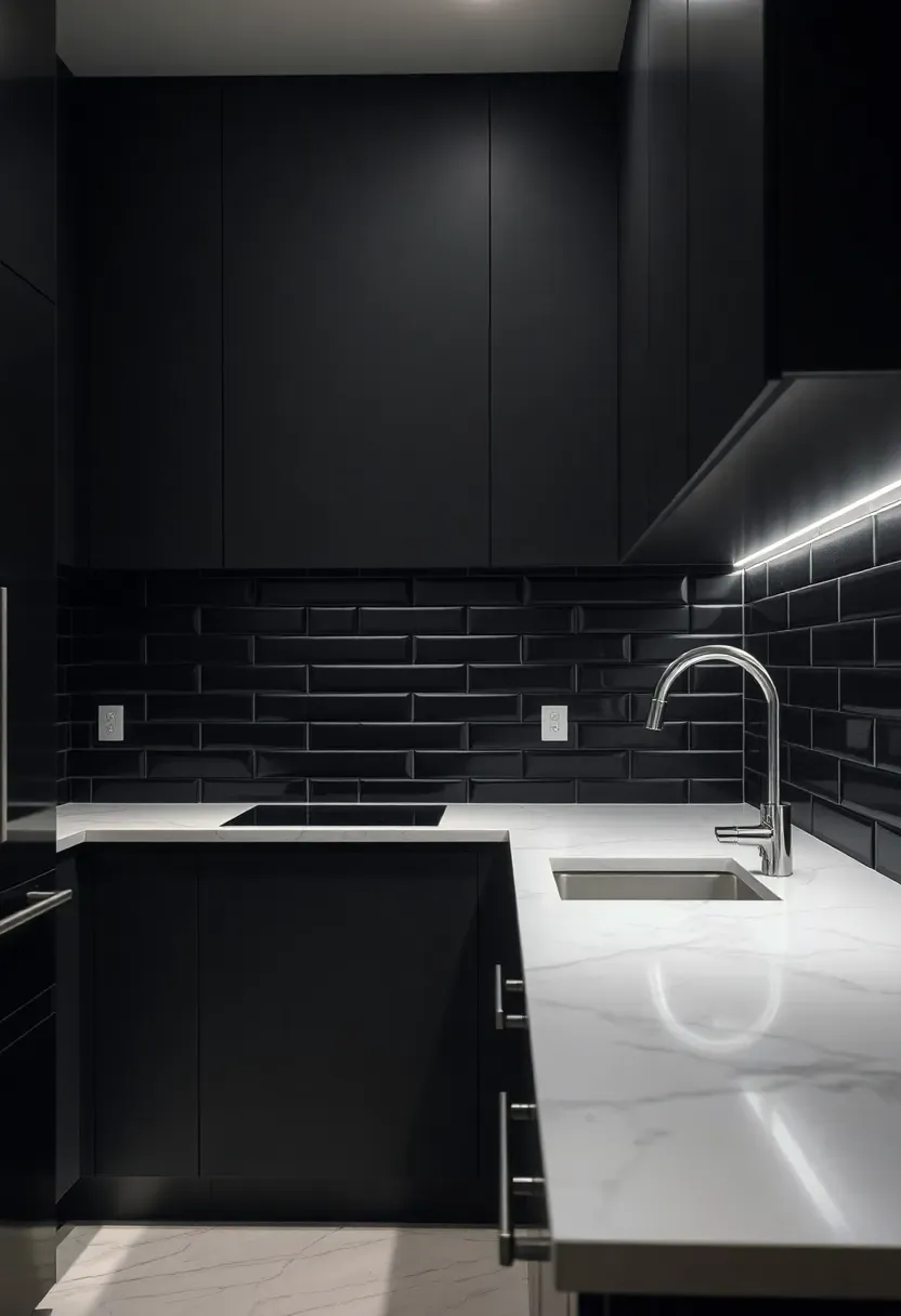matte black subway tile backsplash with dark charcoal cabinets and white marble countertops in a modern kitchen