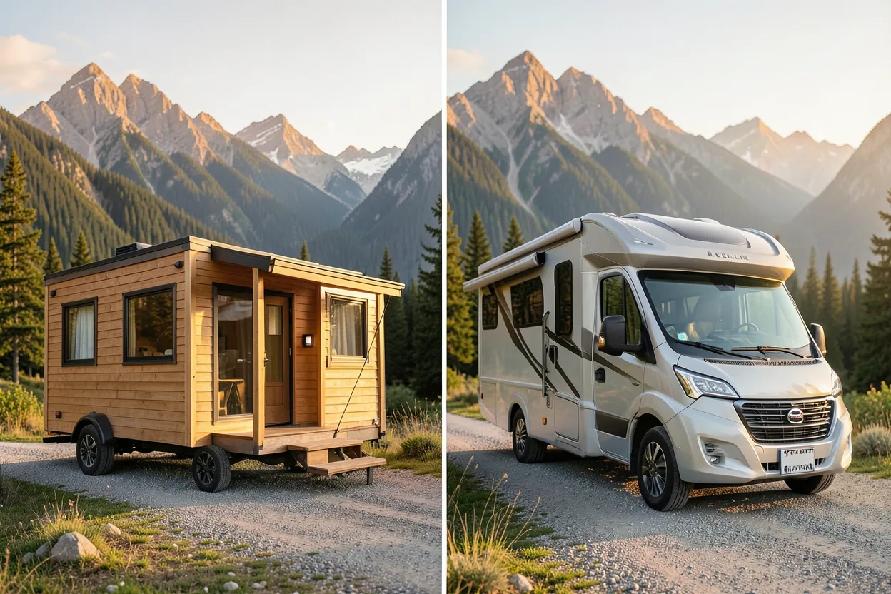 Side-by-side comparison of a cozy tiny house on wheels and a modern RV parked in a scenic outdoor setting