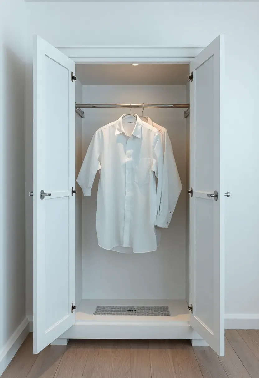 Hyper-realistic frontal view of tall white cabinet with bifold doors open, interior with chrome hanging rod, white dress shirts hanging, small ventilation grid at bottom, brushed nickel hardware, white walls, light wood floor. Materials: painted wood cabinetry, chrome metal, cotton fabric. Soft ambient light, shadow detail inside cabinet. Clean functional mood, shallow depth of field on door hardware. No text, no logos, no watermarks.</p>