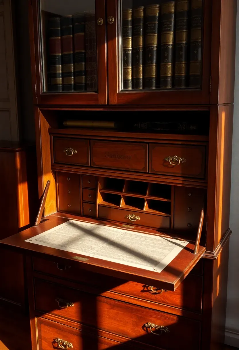 antique mahogany secretary desk with drop-front writing surface and glass-front bookcase