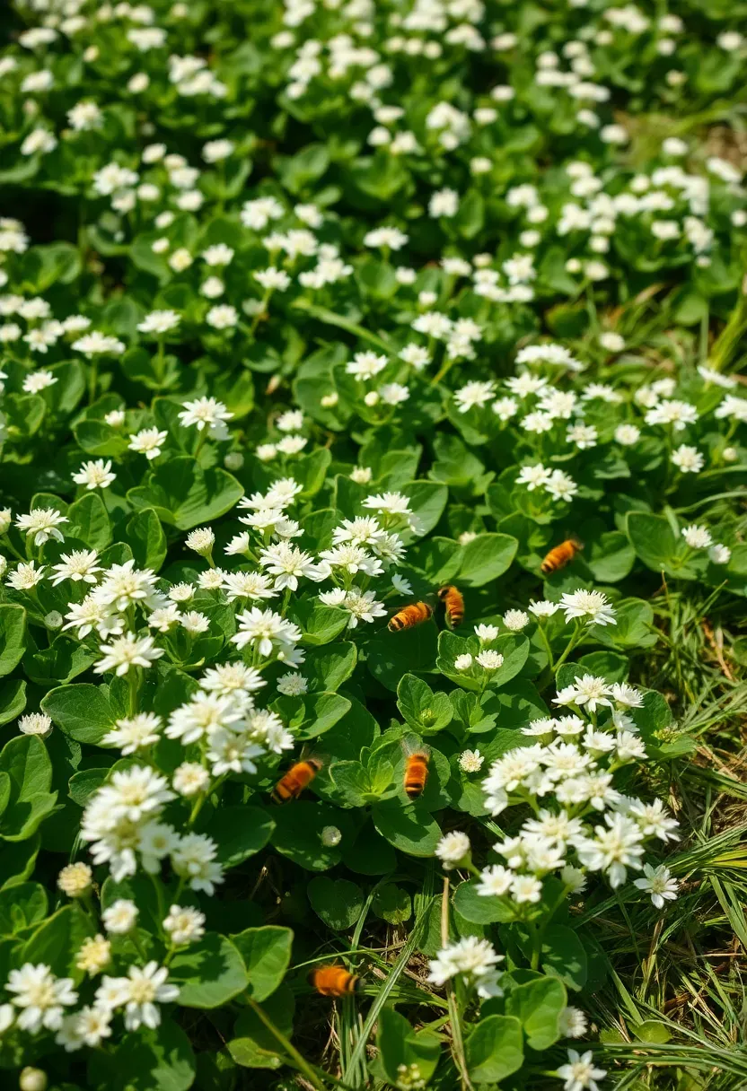 A lush backyard lawn replaced with white clover ground cover showing small white flowers and bees feeding