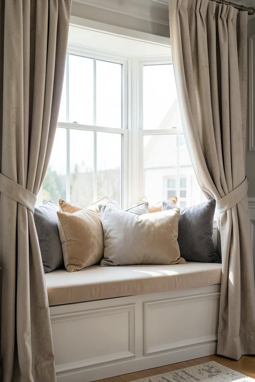 Built-in window seat with dusty rose velvet cushion and white linen throw pillows in a cozy elegant bedroom alcove