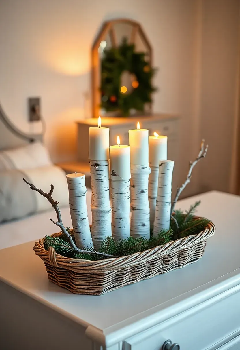 Hyper-realistic 3/4 view of bedroom dresser with birch branch arrangement. Five white birch logs arranged in woven basket, three battery pillar candles tucked among branches. Warm candle flames visible, white birch bark with natural black markings. Small pine sprigs tucked around base. White dresser mirror reflecting arrangement. Materials: birch logs, woven basket, LED candles, pine sprigs. Warm ambient light, birch creating rustic winter texture. Rustic Christmas centerpiece. Shallow depth of field, sharp details on birch bark texture. No text, no logos, no watermarks.</p>
