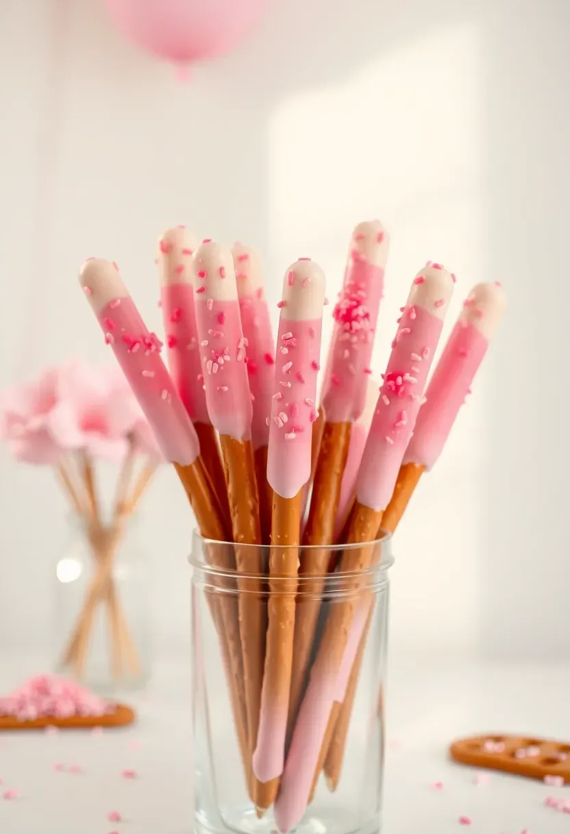 pink ombre chocolate dipped pretzel rods with sprinkles standing upright in a clear jar at a baby shower dessert station
