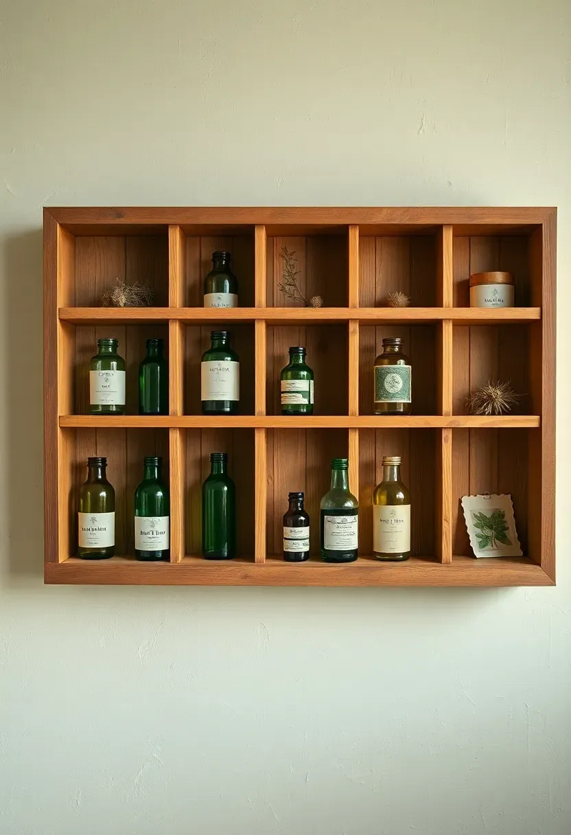 Apothecary cabinet-style wall shelf with multiple small compartments and glass doors, filled with vintage glass bottles and botanical specimens
