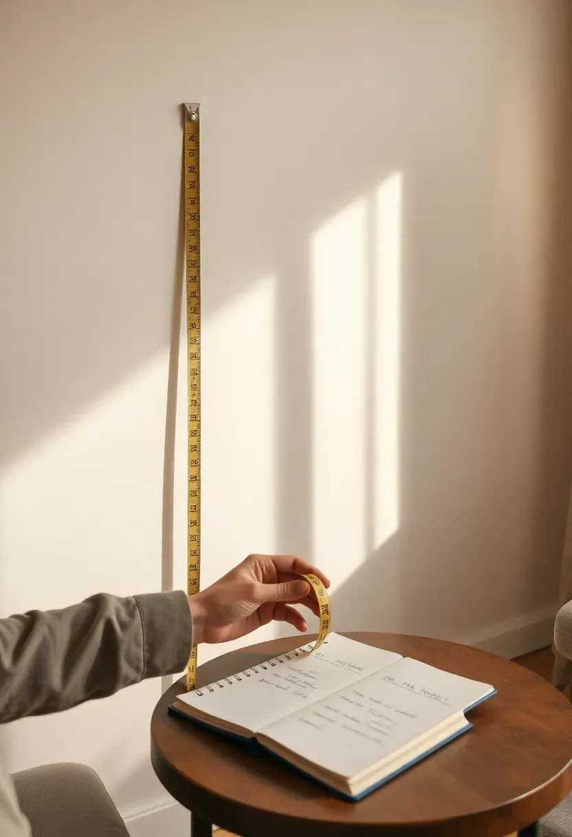 Person measuring a large blank living room wall with a tape measure, notepad open nearby with sketched dimensions