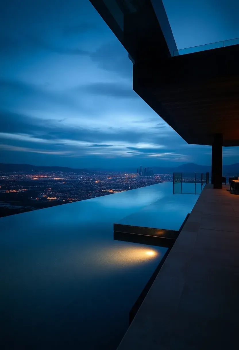 Elevated infinity edge pool with stunning city skyline views at dusk