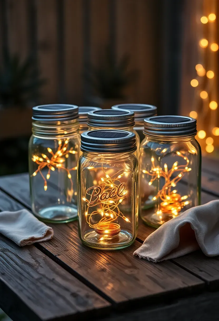 A cluster of mason jars with solar-powered fairy lights inside grouped on an outdoor wooden dining table as a centerpiece at night