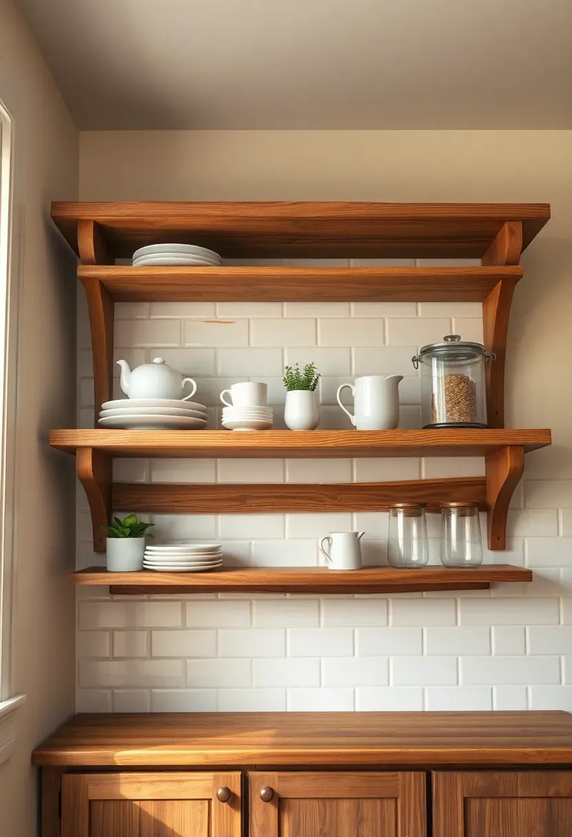 Hyper-realistic eye-level photograph of open wooden shelving in a rustic kitchen. Natural oak shelves with visible grain and slight distressing held by handcrafted wood brackets. Shelves holding white ceramic dishes, vintage mugs, and glass canisters. Creamy white subway tile backsplash visible between shelves. Warm natural light from window on left, creating soft shadows on shelves. Slight dust visible on back plates of dishes, small water ring on shelf from recent plant watering. Reclaimed wood cabinets visible below. Materials: natural oak, white ceramic, glass, reclaimed wood. Casual welcoming mood. Visible kitchen context - lower cabinets, butcher block counter. No text, no logos, no watermarks. Negative prompt: 
