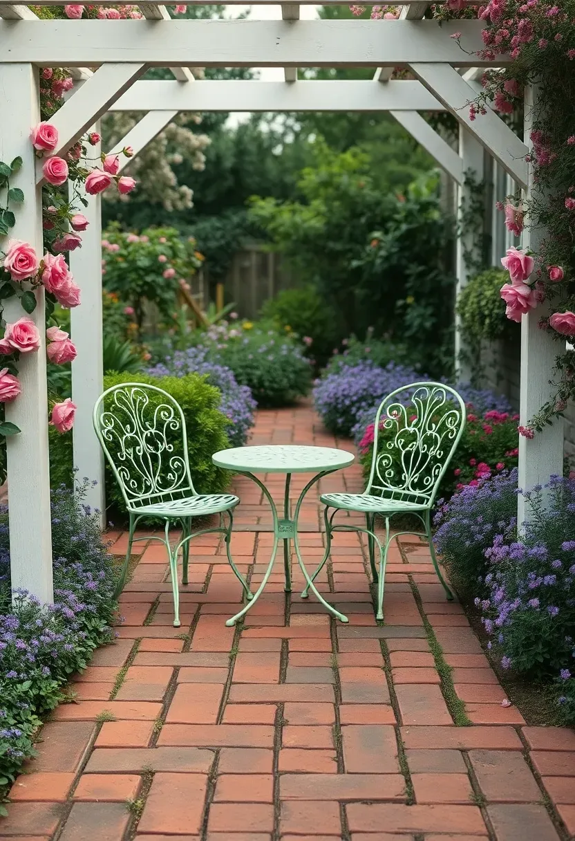 Charming cottage garden patio with weathered brick pavers, overflowing flower borders of roses and lavender, a white painted arbor, and vintage metal chairs