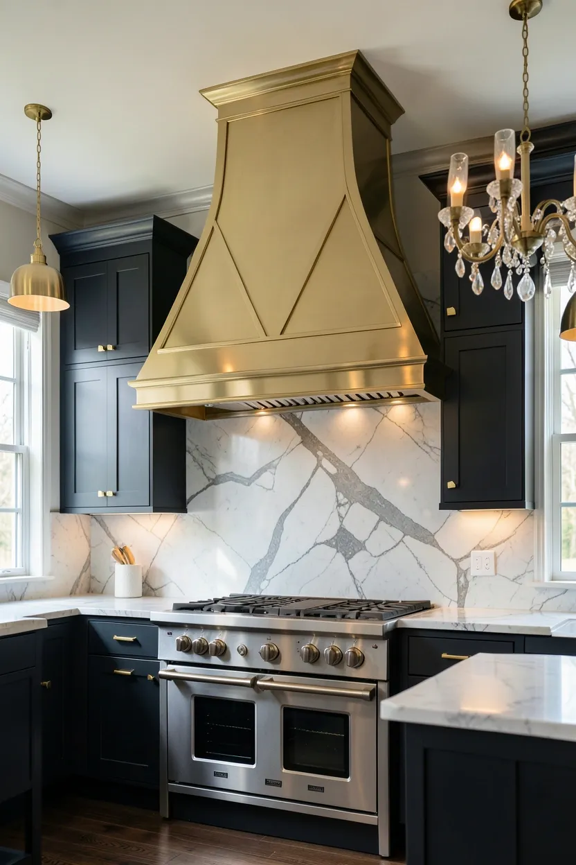 Statement polished brass range hood with geometric paneling above a professional cooktop, flanked by dark charcoal cabinets and marble backsplash in a luxury kitchen