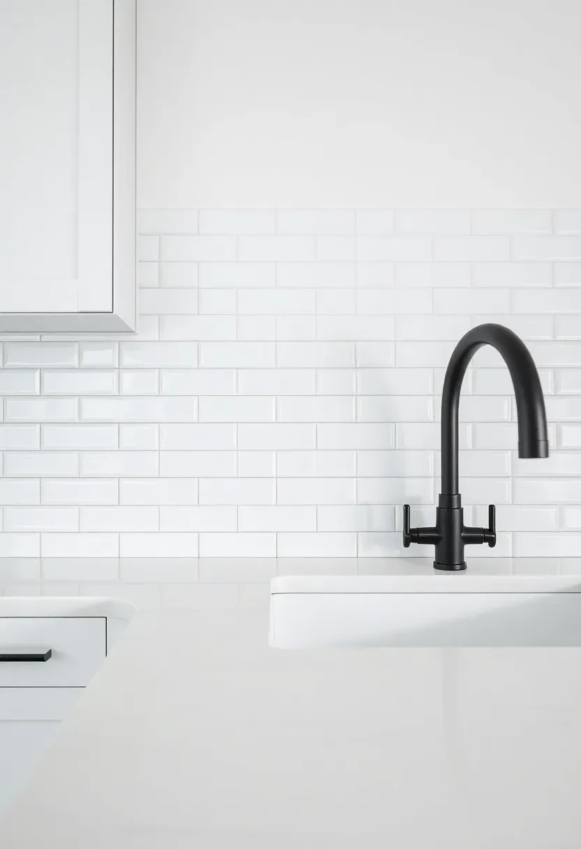 stacked square glossy white ceramic tile backsplash in grid pattern with minimal grout lines in a clean modern kitchen