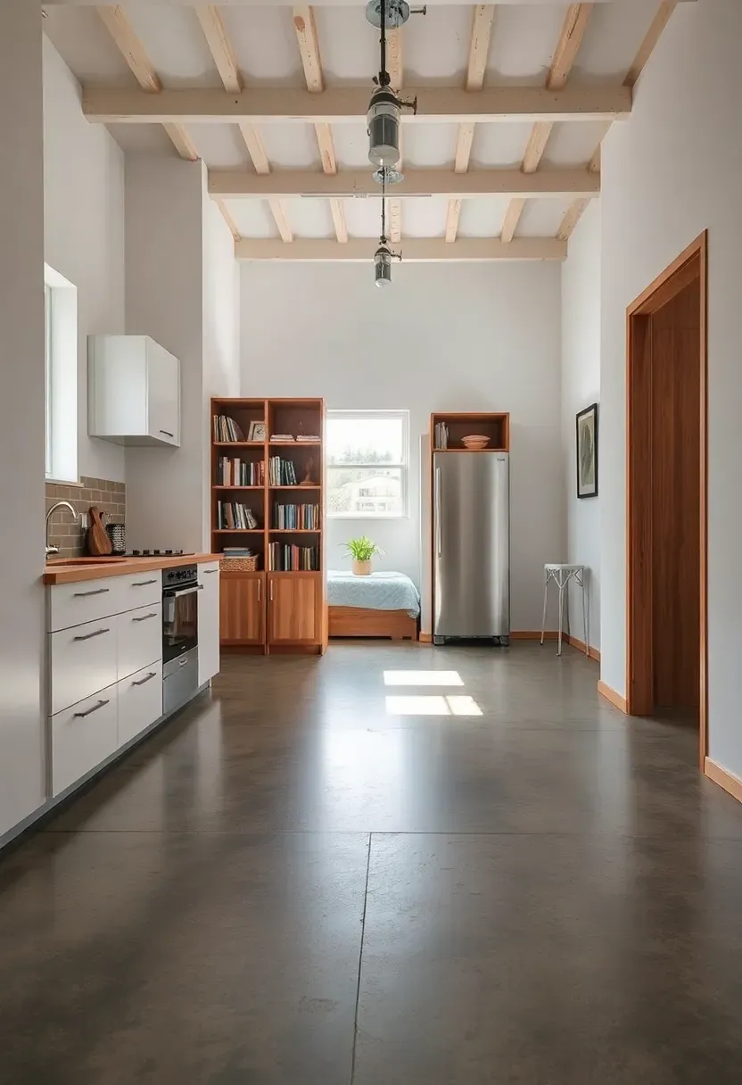Converted garage ADU interior with polished concrete floors, a compact kitchen along one wall, and a sleeping area separated by a bookshelf divider