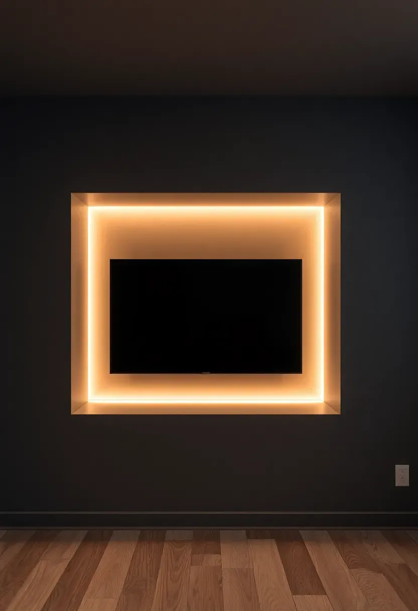 Recessed TV niche in a basement wall with warm LED strip lighting around the frame and a clean flush-mounted screen