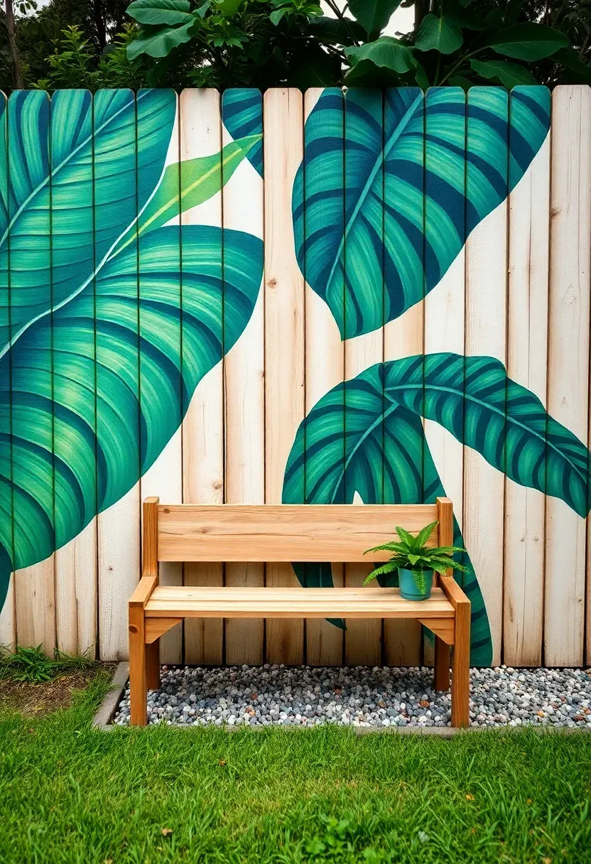 A backyard wooden fence with a hand-painted mural of large tropical leaves in shades of green and teal on a white background, with a small bench in front