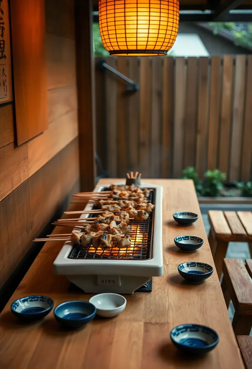 Japanese yakitori grill corner with a narrow charcoal konro grill on a wooden table, bamboo skewers, small ceramic plates, and a paper lantern overhead