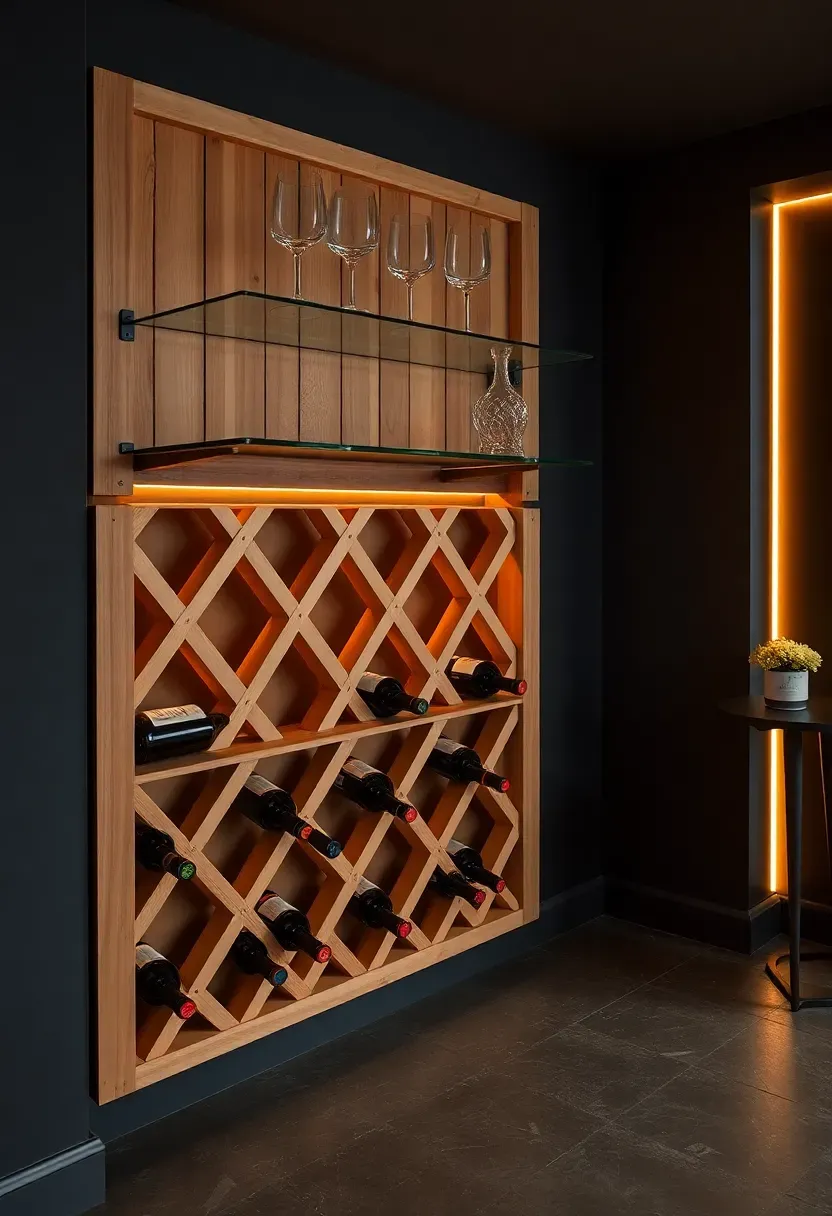 Basement wine storage area with a wooden rack holding bottles horizontally, glass shelves displaying wine glasses, and soft ambient lighting