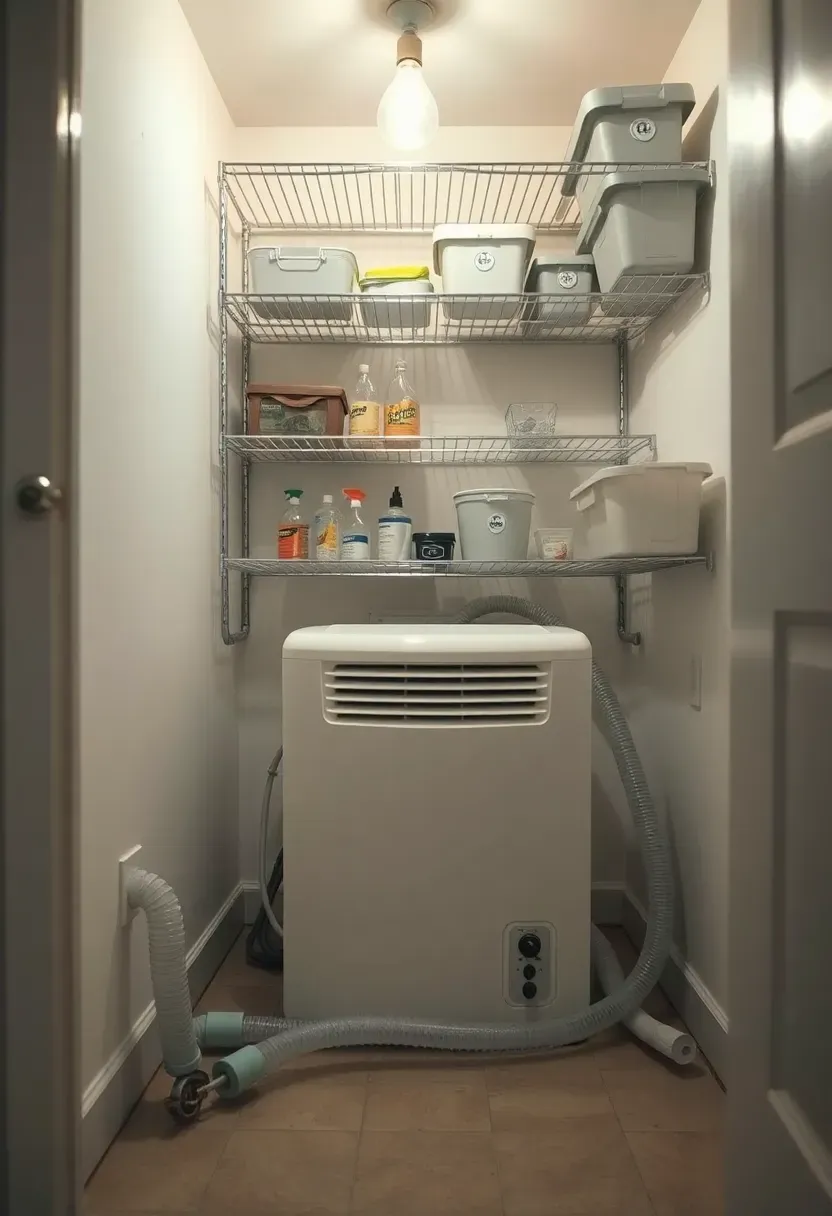 Small utility closet in a basement apartment with a dehumidifier, drainage hose, and organized shelving for supplies