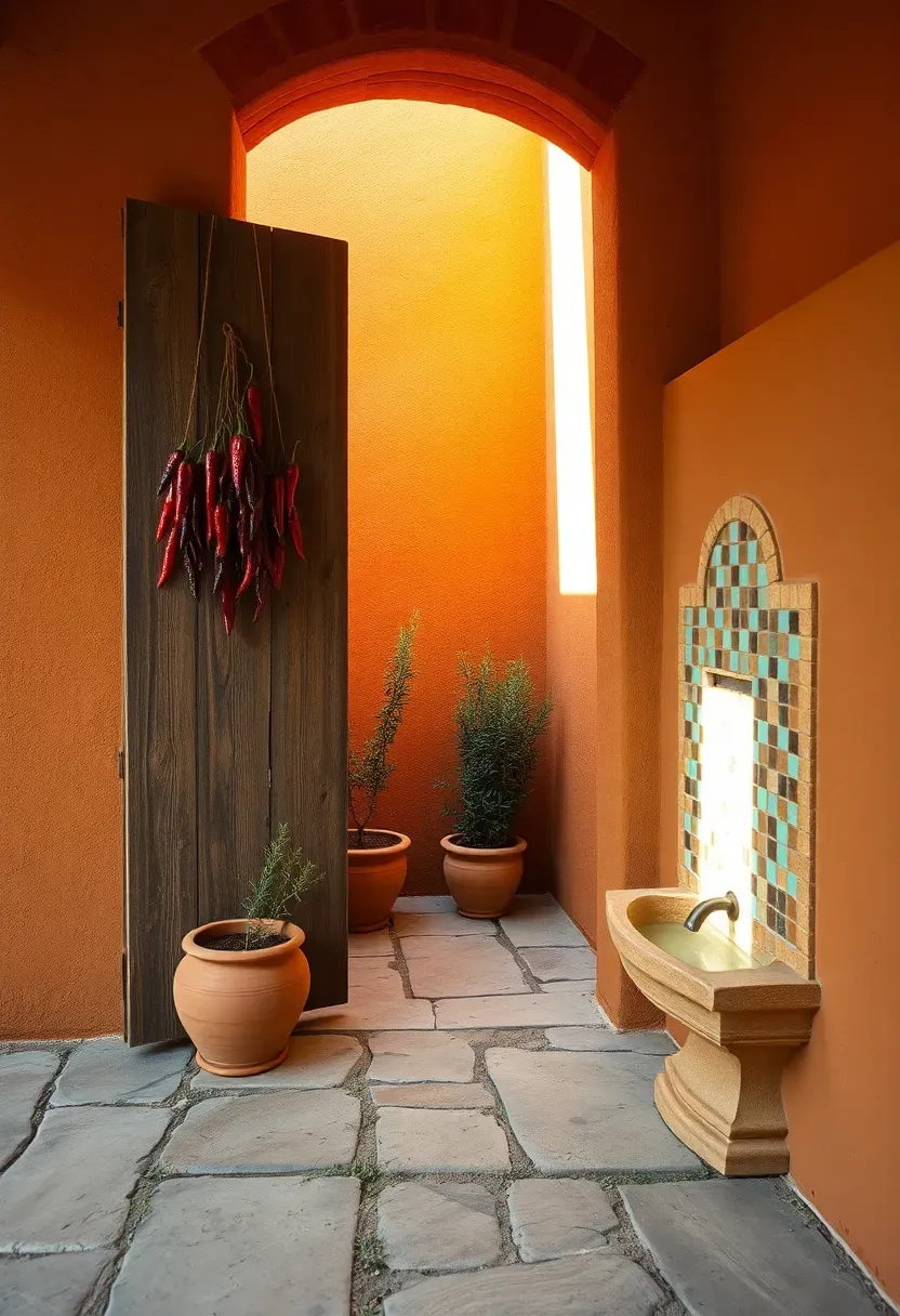 Rustic adobe wall enclosing a private Arizona courtyard with a wooden gate, hanging chili ristras, potted herbs, and a small mosaic fountain