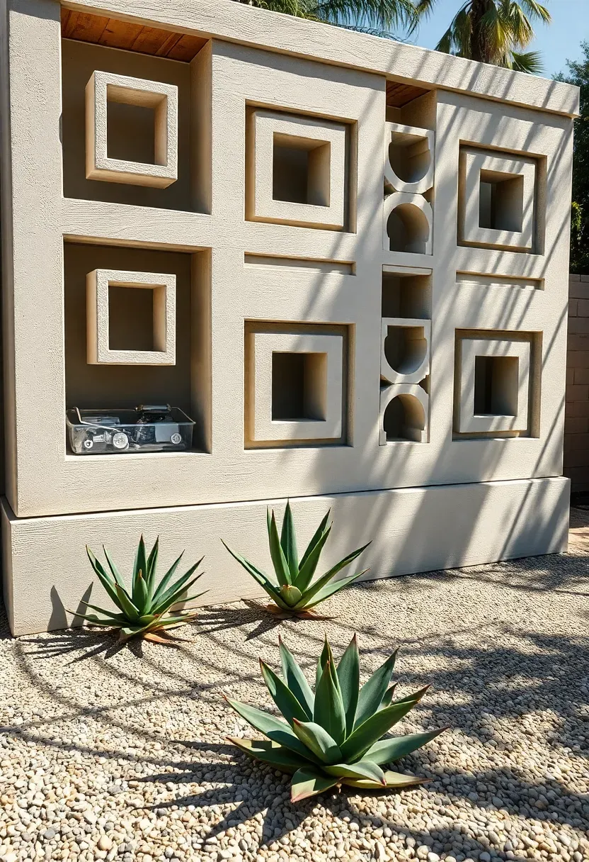 A decorative concrete block screen wall with geometric breeze block patterns casting shadows in a mid-century modern backyard