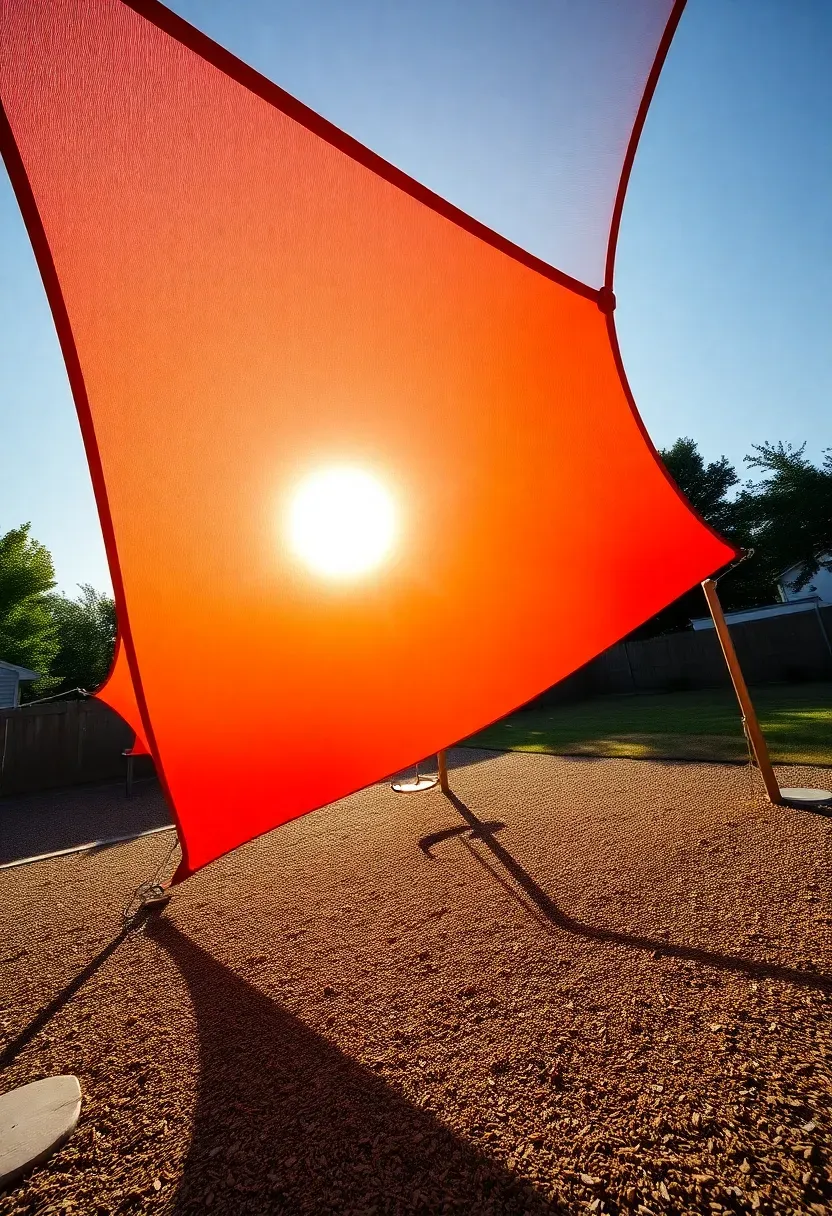 Large triangle shade sail in bright color stretched over a backyard playground area, casting geometric shadow patterns on rubber mulch below