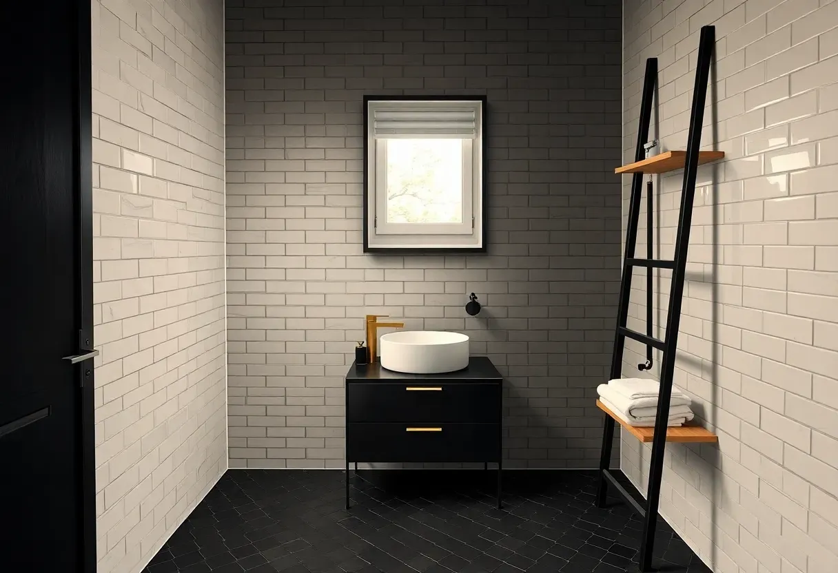 Matte black apartment bathroom with black wall tiles, white grout contrast, and brass fixtures creating a bold, sleek rental look