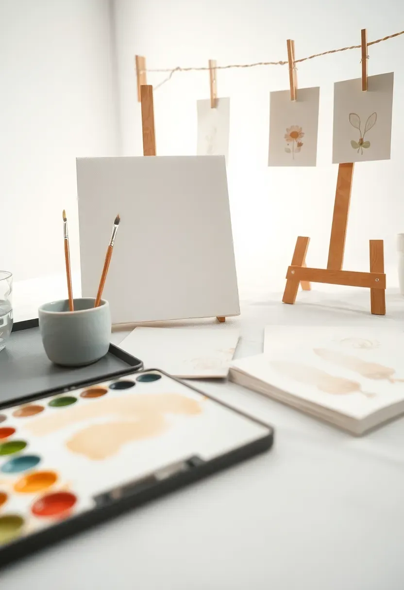 watercolour art station at baby shower with paints brushes and canvas for guests