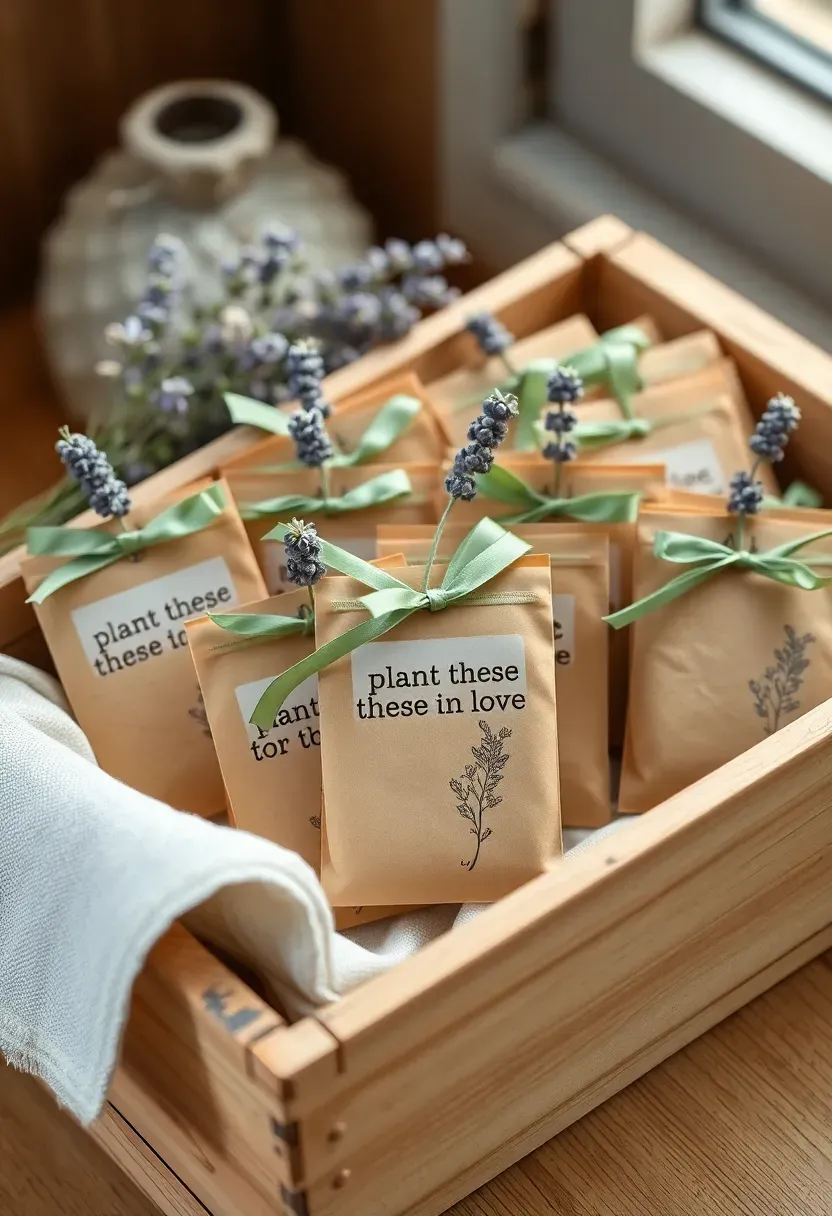 Botanical seed packet baby shower favors with dried lavender in vintage wooden crate
