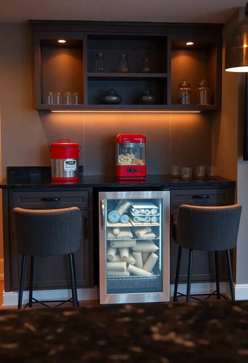 Built-in snack bar along the back wall of a basement tv room with a granite counter, under-counter mini fridge, popcorn machine, and three upholstered bar stools facing the screen