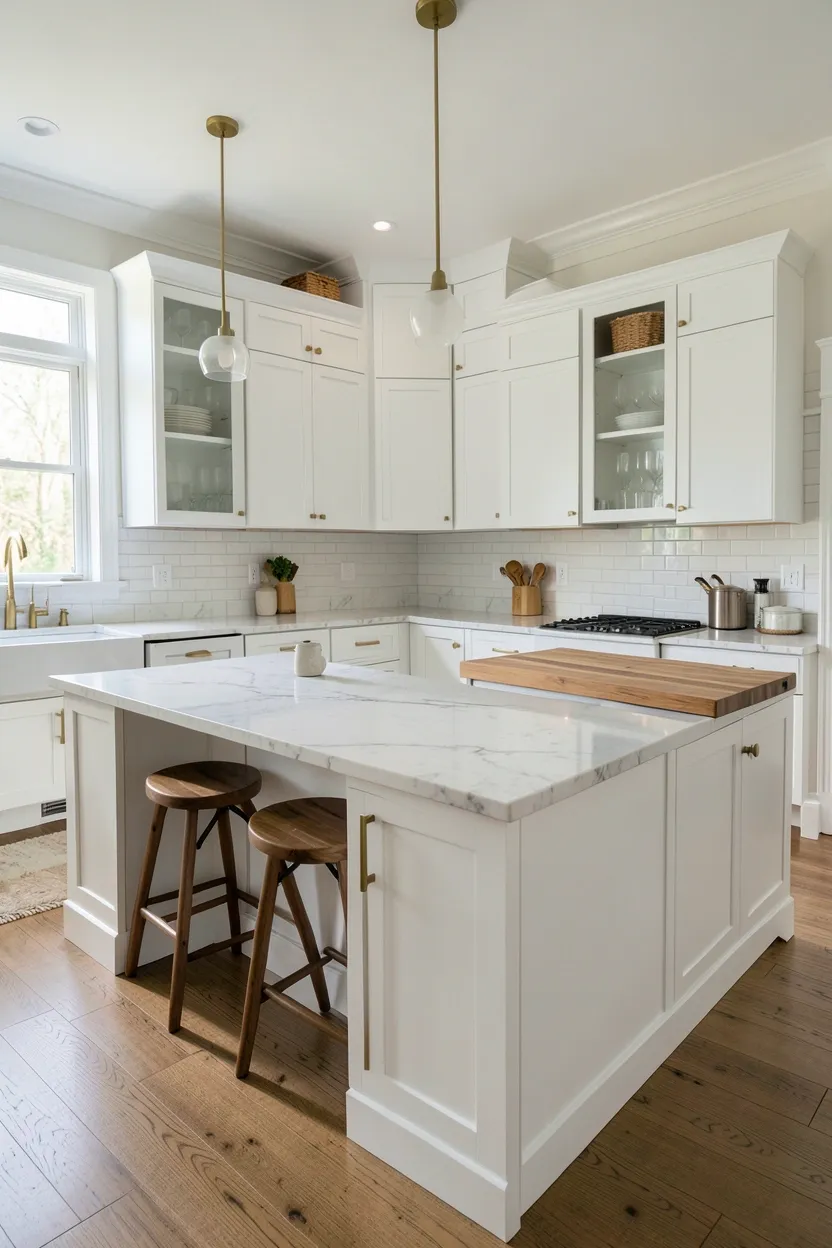 Hyper-realistic eye-level photograph of an elegant kitchen with two islands positioned parallel to each other. The front island has a marble countertop with bar stool seating for casual dining. The back island has a wood butcher block countertop for food preparation. Both islands have white shaker cabinets with brass pulls. Surrounding white cabinetry, quartz countertops, and subway tile backsplash. Natural daylight from large windows. Materials: marble, walnut, white painted wood, brass. Spacious and organized elegant mood. Wide shot showing both islands. No text, no logos, no watermarks.</p>