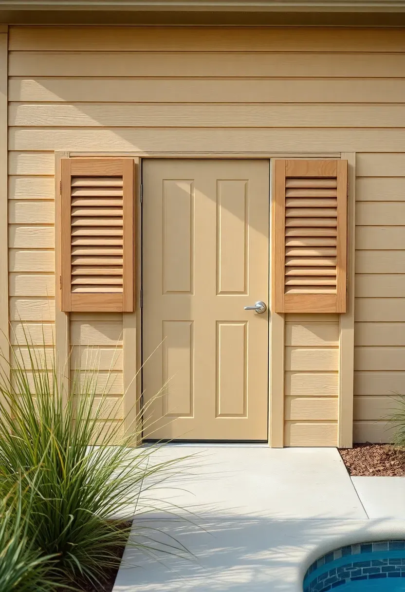 A compact pool equipment shed with louvered ventilation panels, matching the house exterior color, positioned behind landscaping near a swimming pool
