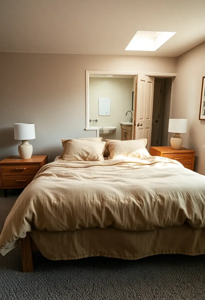 Basement guest suite with a queen bed, bedside tables, soft neutral bedding, an en-suite door, and a window well with natural light